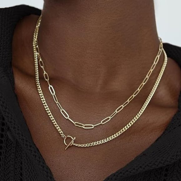 14K Dainty Gold Necklace Set of 2 Minimalist Layered Thin‎ Chain Link Jewelry - Picture 2 of 8